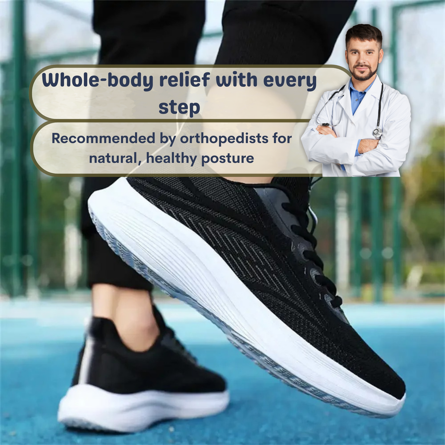 Ergonomic running shoe with cushioning & posture control